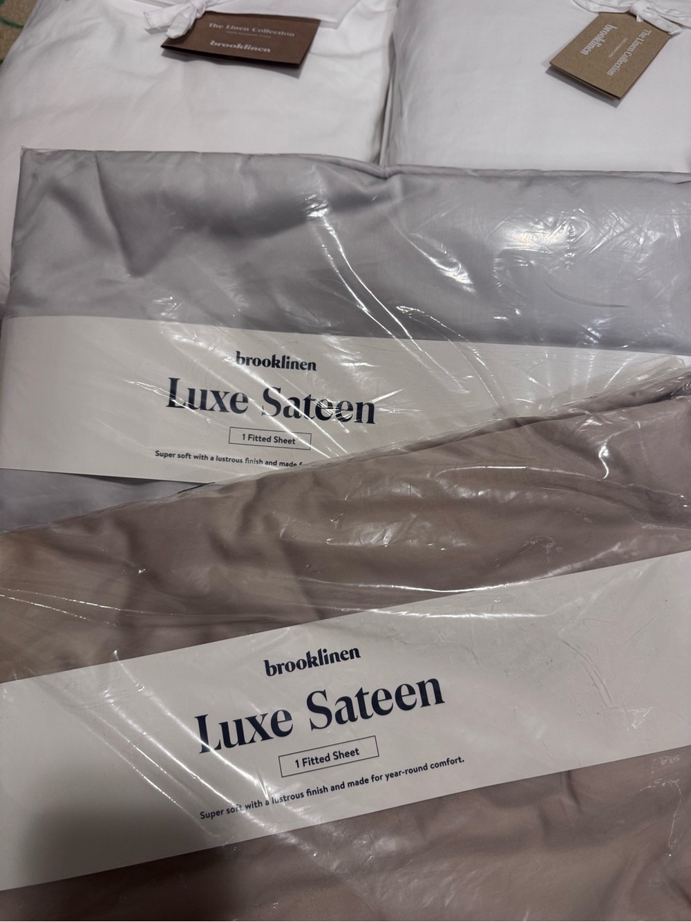 Brooklinen Luxe Sateen Sheets - White, Light Gray, Taupe